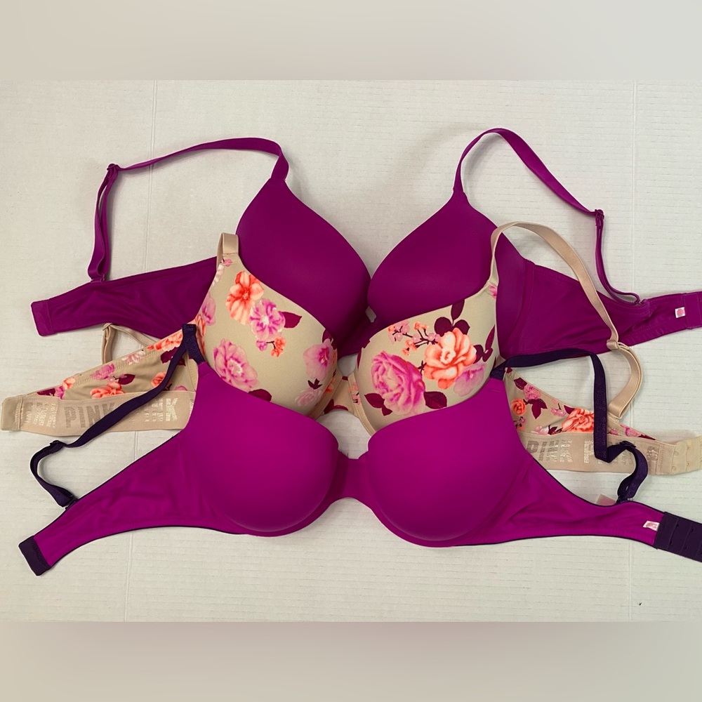 3 VS PINK Wear Everywhere Push-Up Bras - fuchsia, purple & floral print EUC